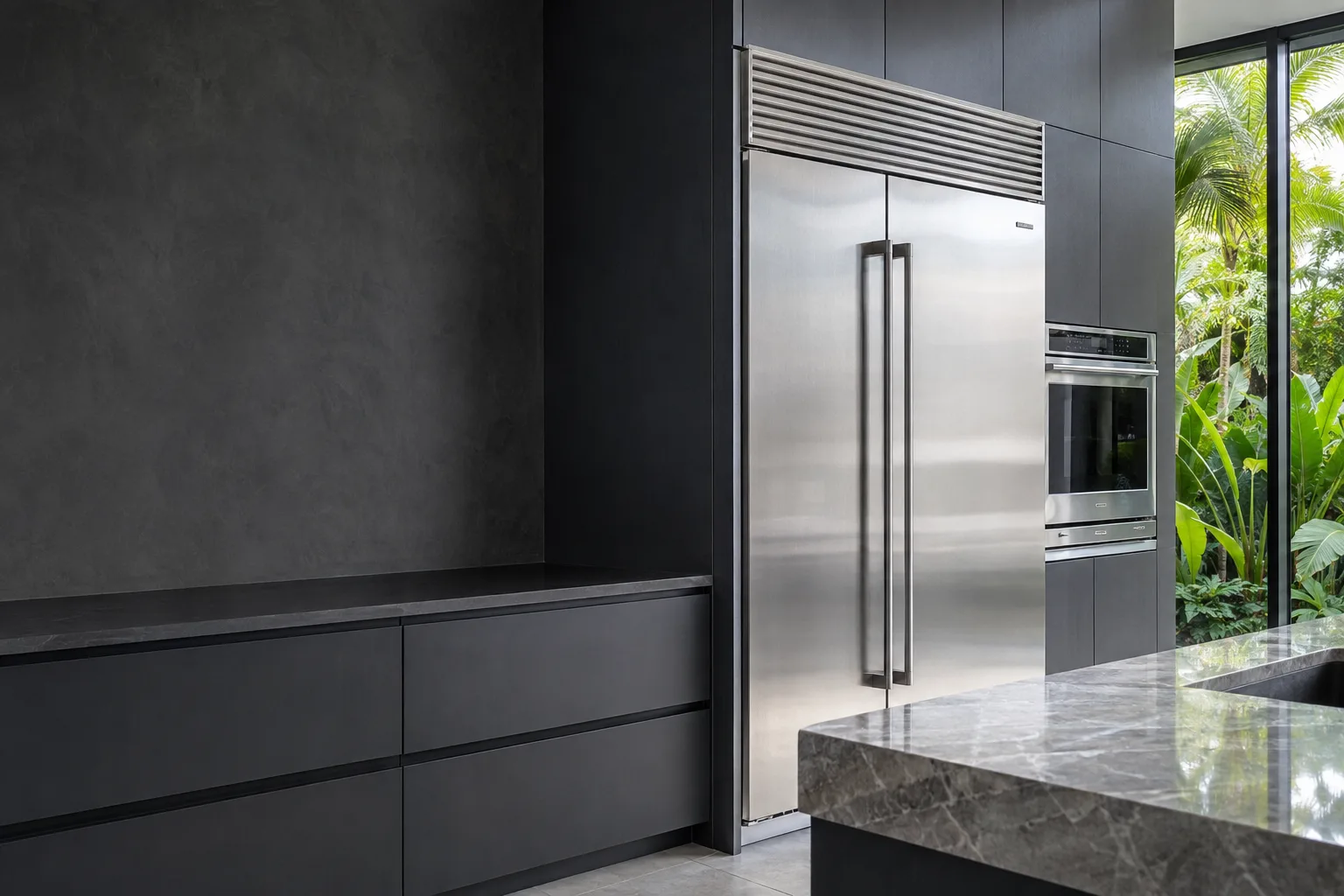 Illustrative South Florida kitchen with stainless steel built-in refrigeration and an integrated oven
