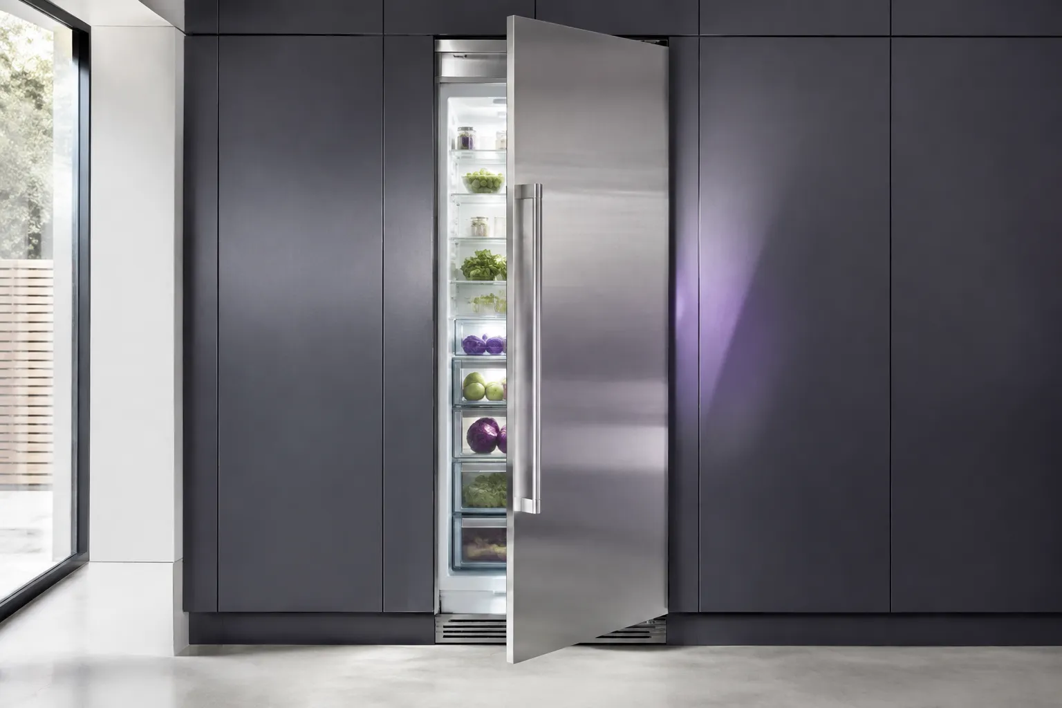 Illustrative stainless steel built-in refrigerator fitted into cabinetry