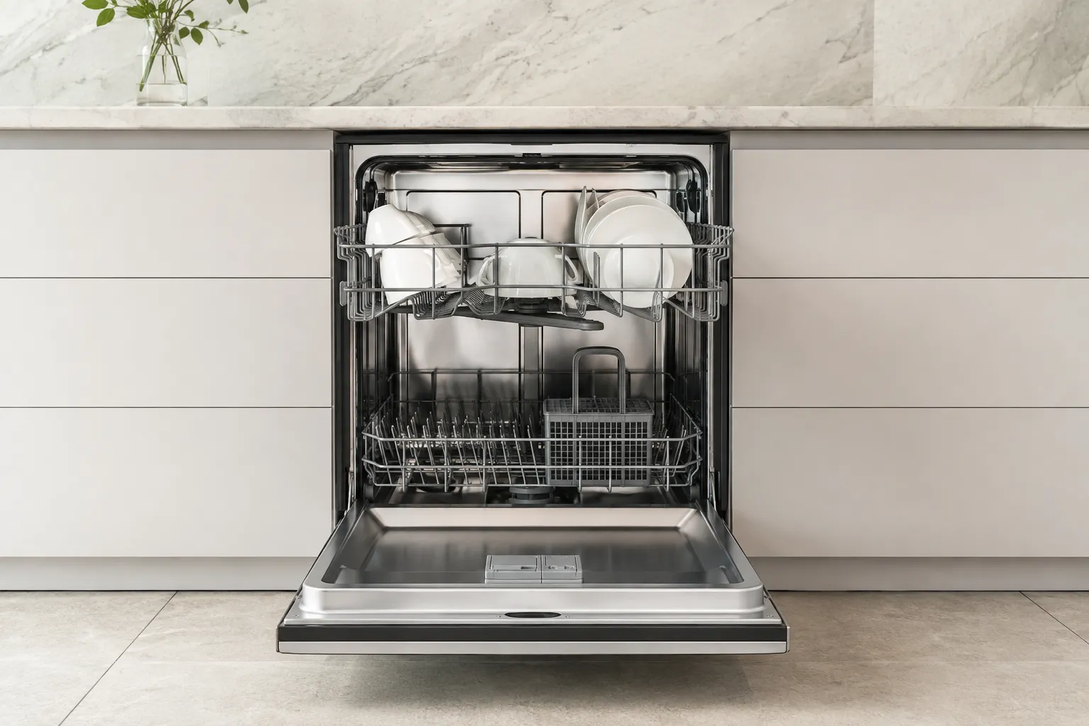 Illustrative built-in dishwasher with its door open and dish racks visible