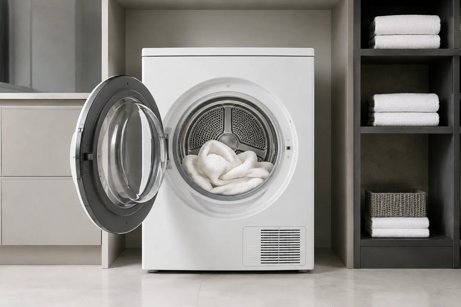 Illustrative clothes dryer with an open drum and towels inside