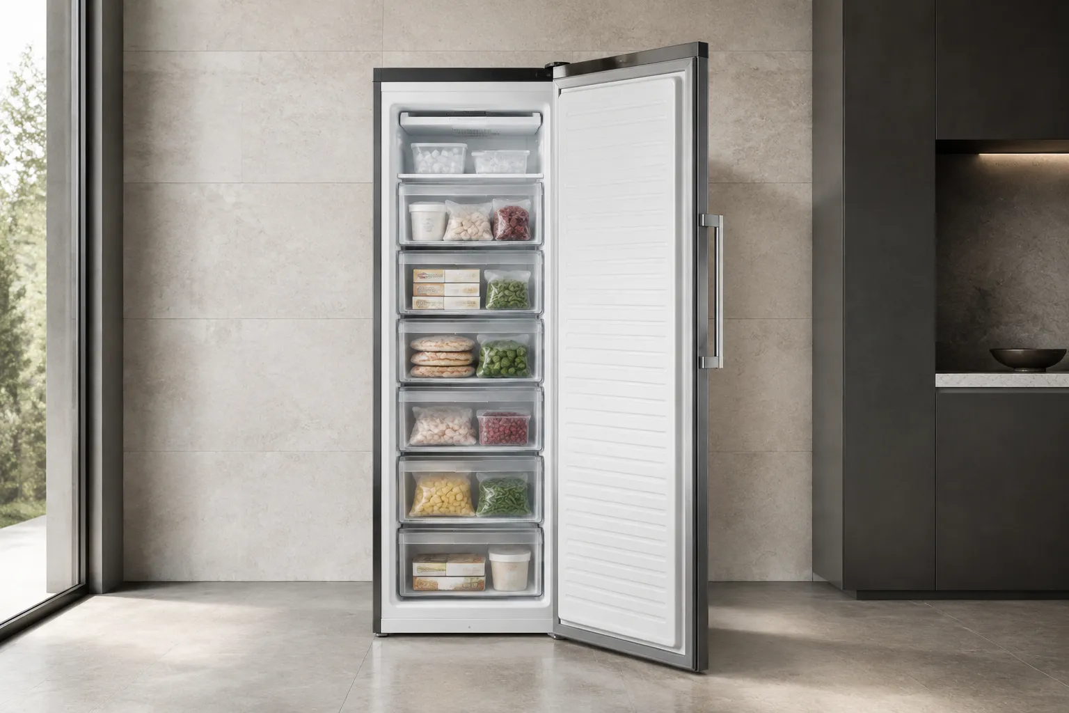 Illustrative upright freezer with an open door and full-height freezer drawers