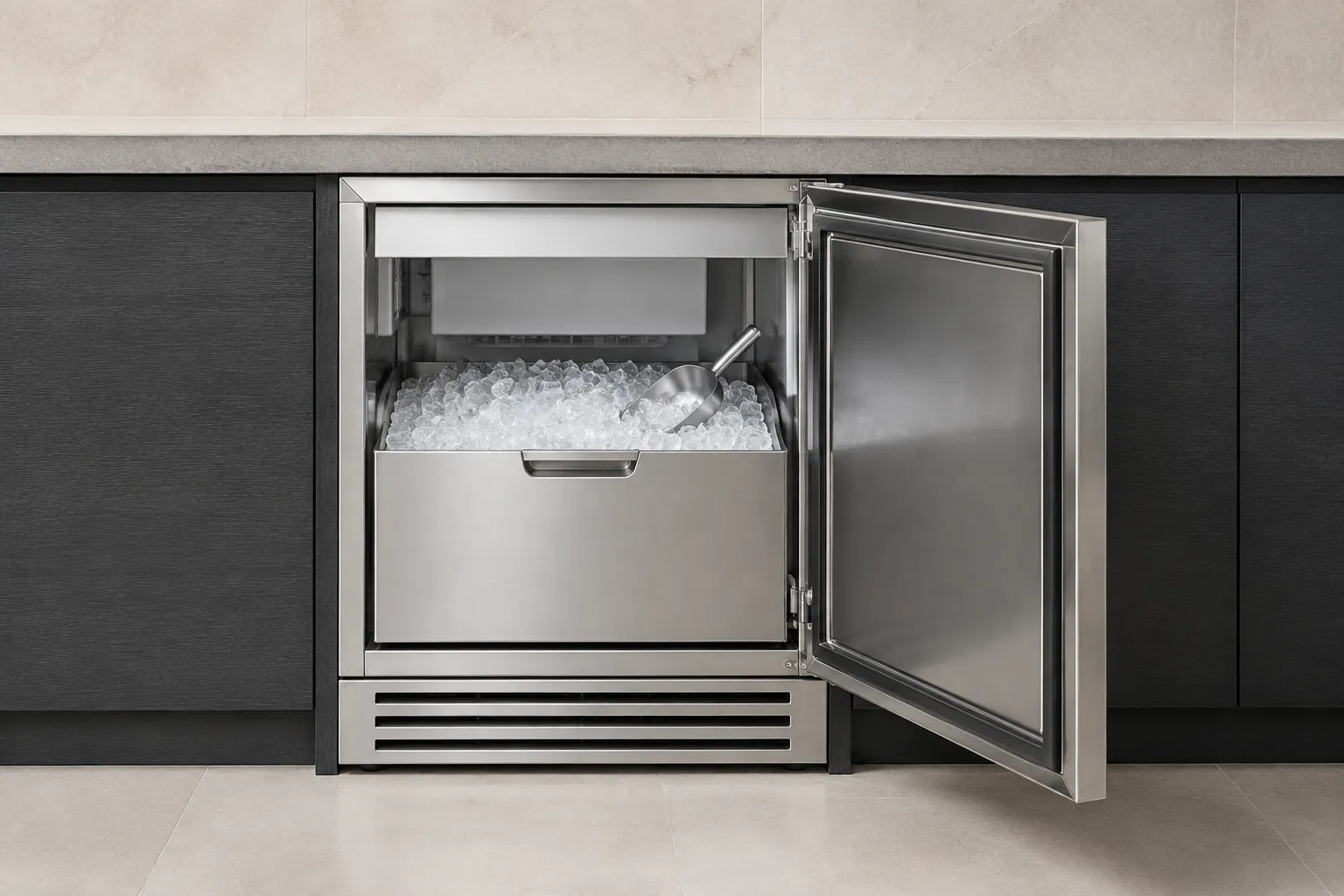 Illustrative undercounter ice maker with an open ice storage bin