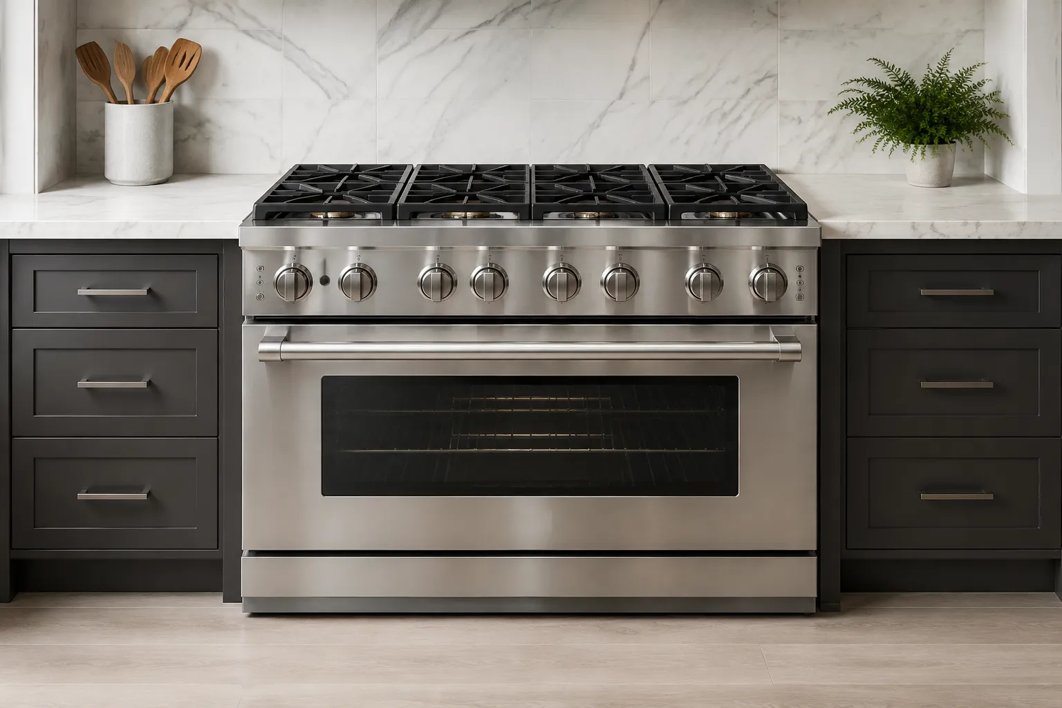Illustrative professional range with oven and gas cooktop