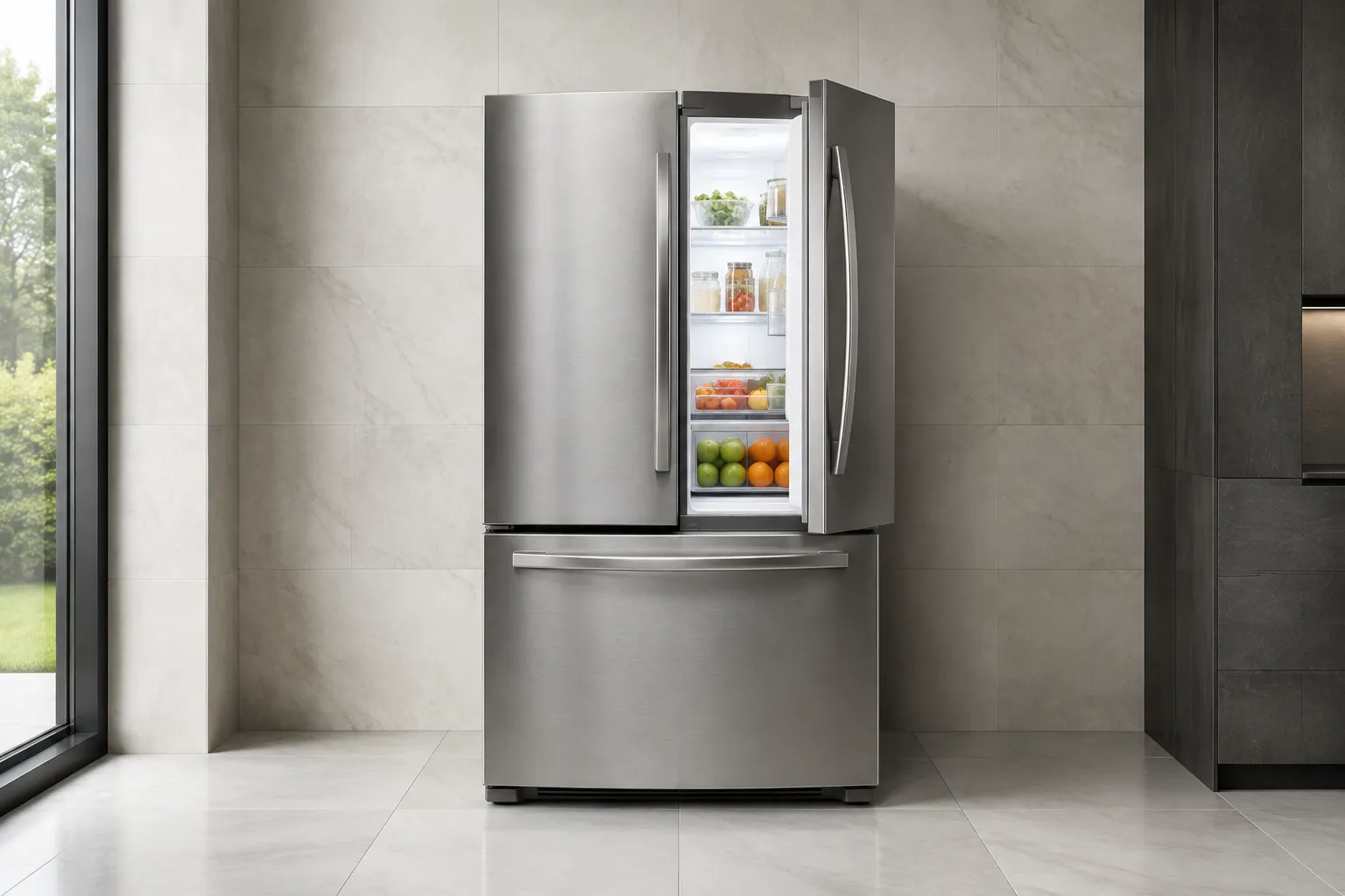 Illustrative French-door refrigerator with an open fresh-food compartment