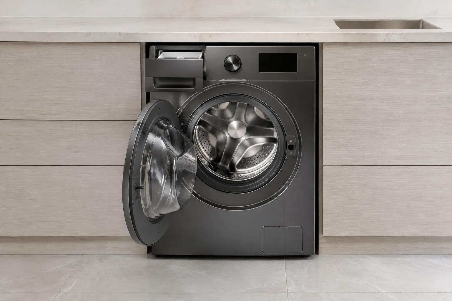 Illustrative front-loading washing machine with its drum and detergent drawer visible