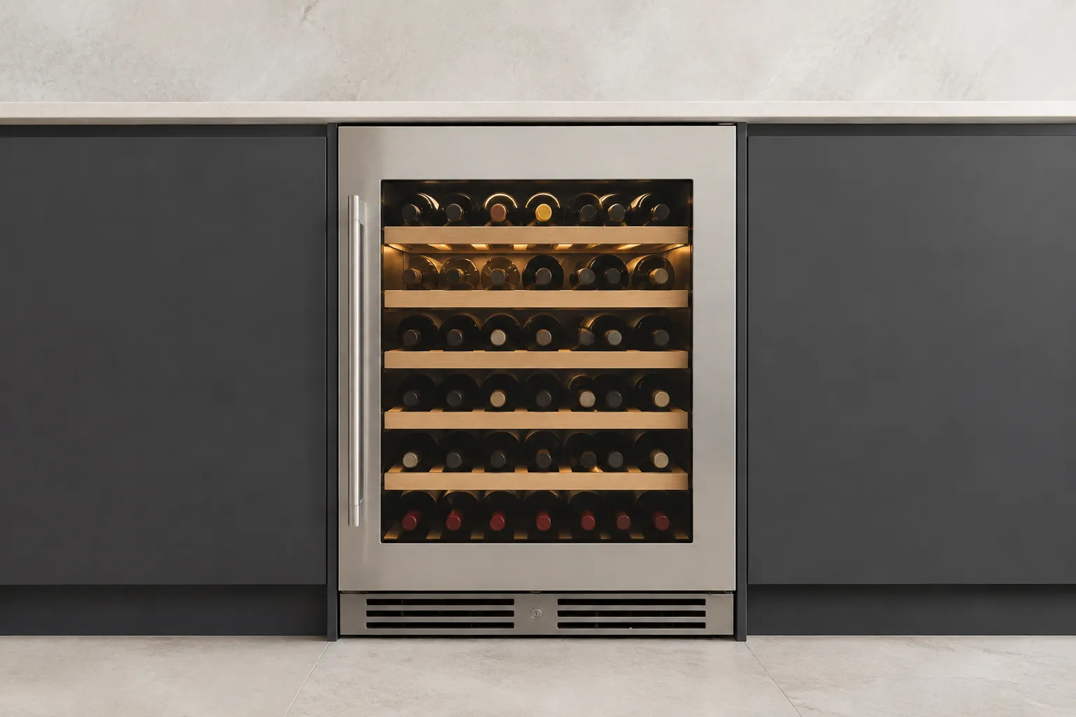 Illustrative glass-front wine cooler with wooden bottle shelves